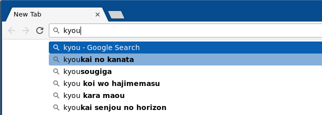 Screenshot demonstrating Chromium search suggestions for the text "kyou"